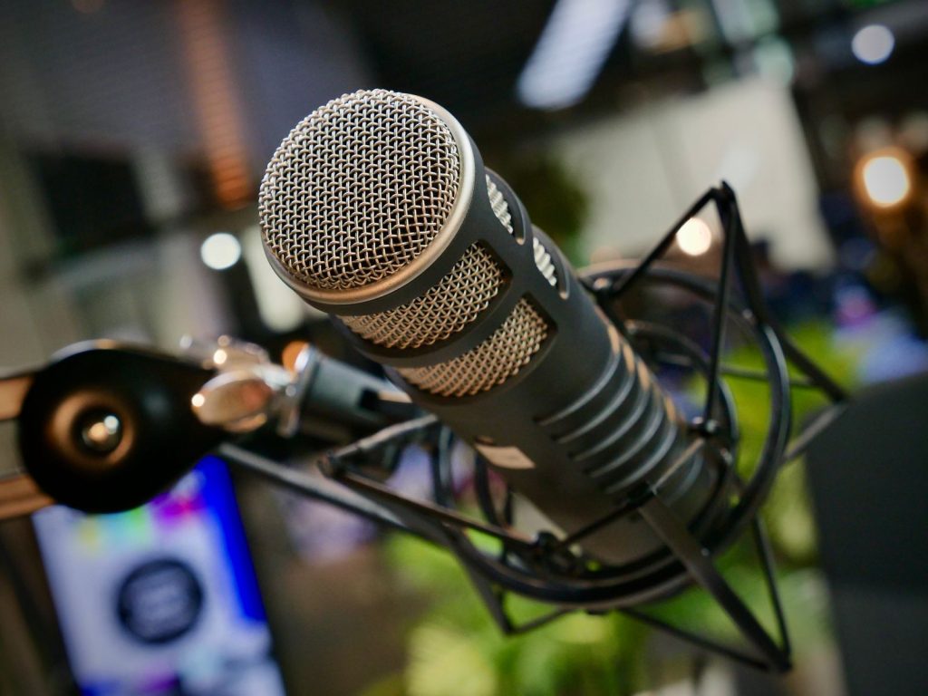 Close-up of a studio microphone for podcast or broadcast recording